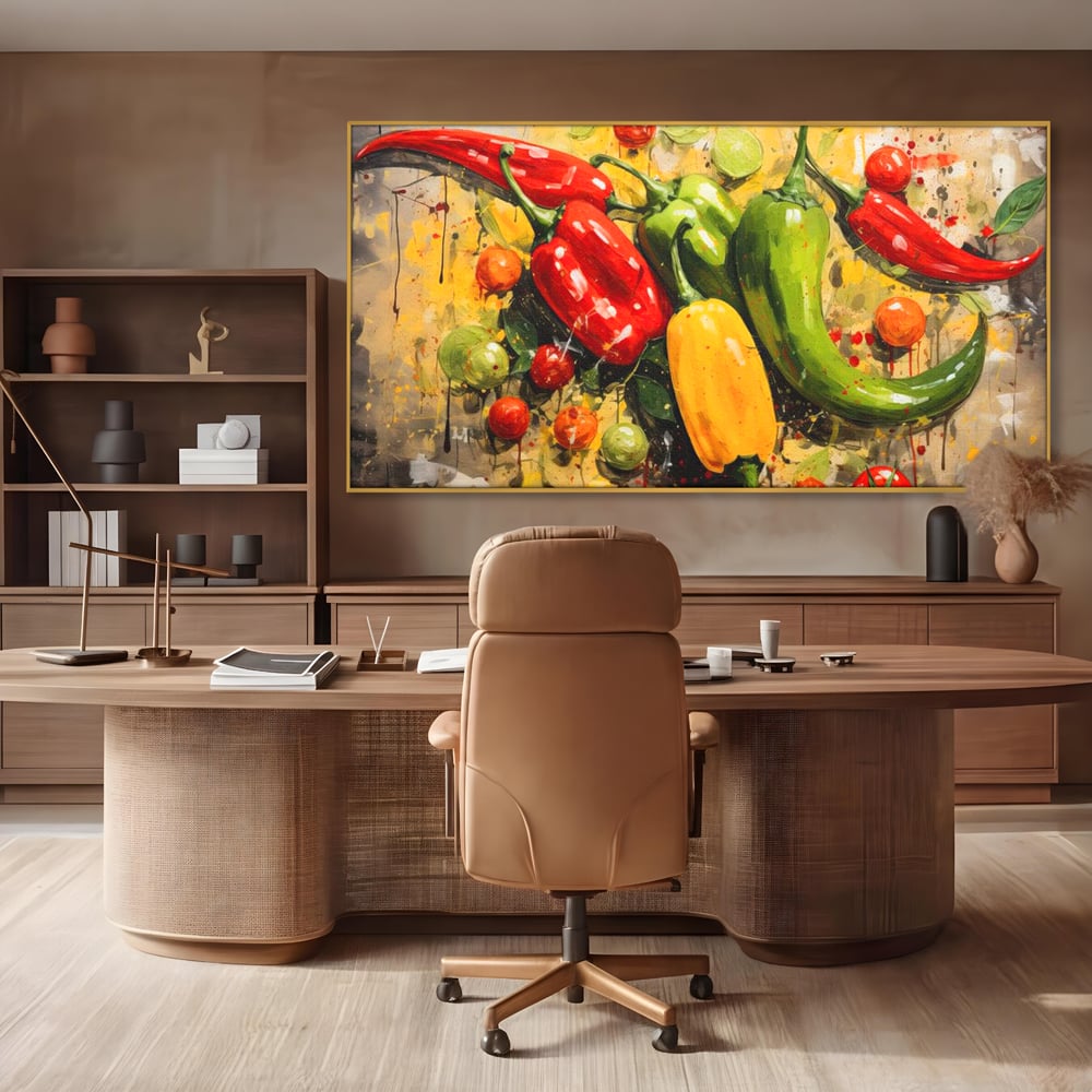 Tablou canvas cu pictura orizontala cu ardei iuti si legume, in rama de aluminiu auriu, pe perete intr-un birou